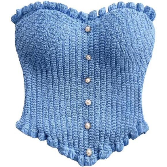 💖 Knitted Strapless Crop Top | Ruffle Trim & Pearl Button - Picture 3 of 5